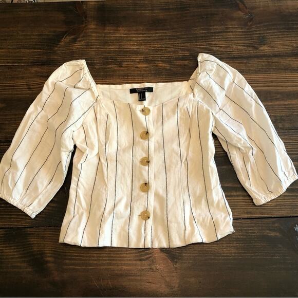 Boho Linen Square Neck Puff Sleeve Pin Striped Cropped Top Women’s Small Cream - Picture 10 of 10